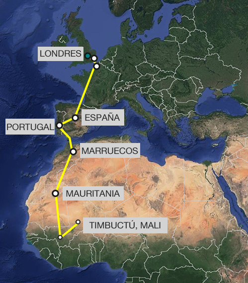 Stephen McGown partió desde Londres el 12 de octubre de 2011 y fue capturado en Timbuctú, el 25 de noviembre de 2011. Ruta del viaje de Stephen McGown.