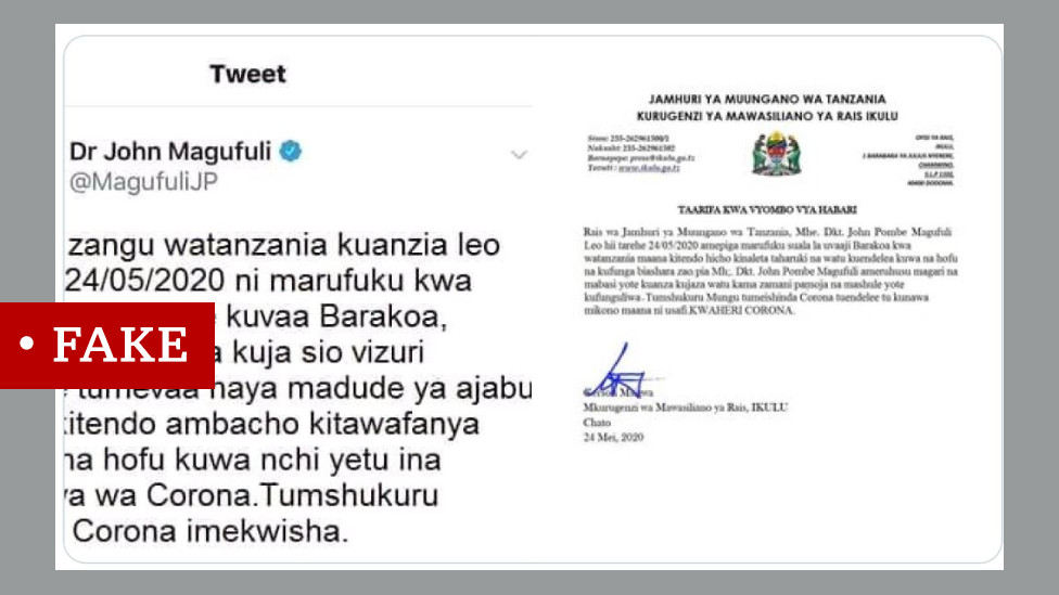 Скриншот твита о президенте Танзании