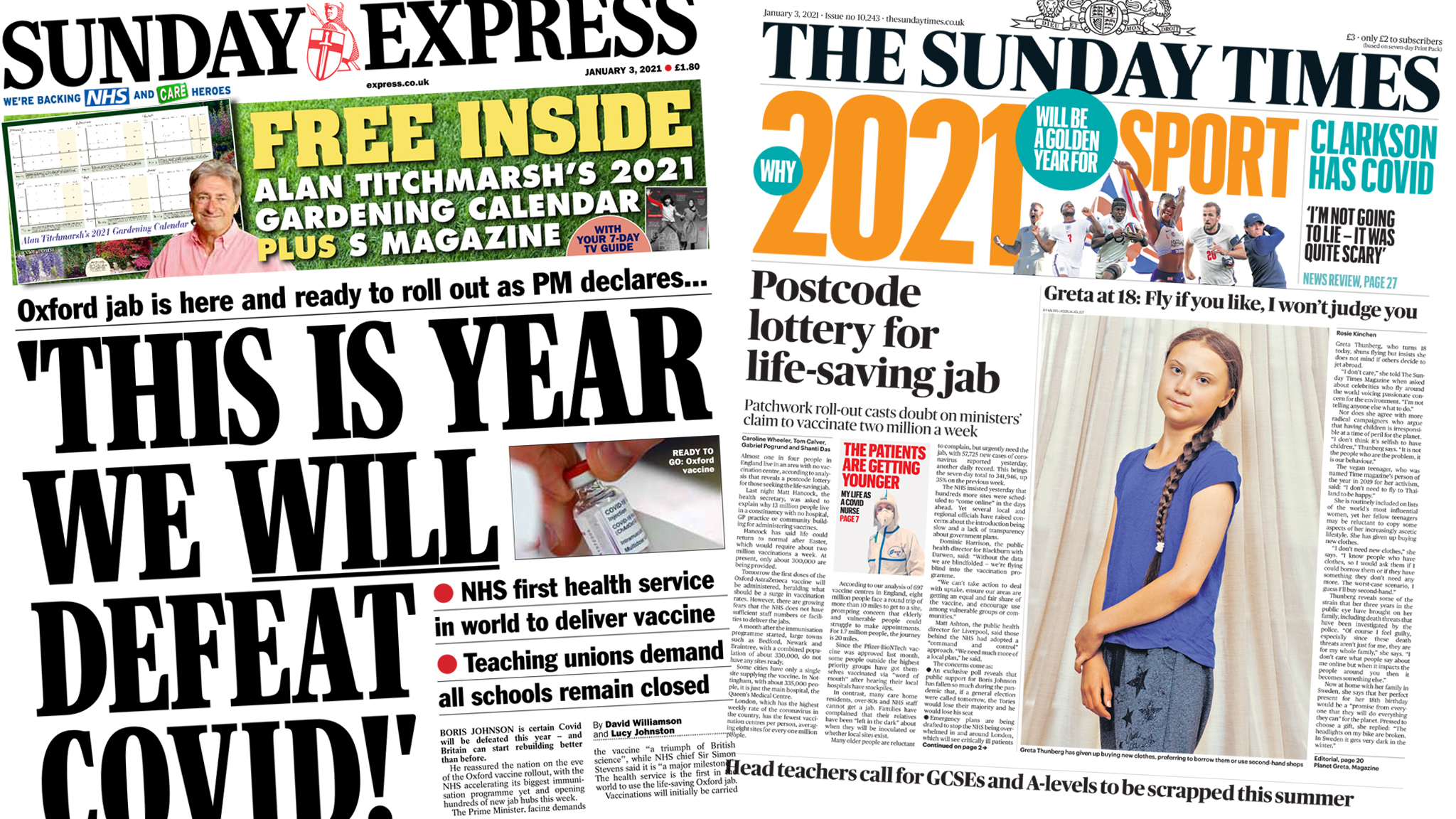 Newspaper Headlines Covid Jab Postcode Lottery And Pm S Pledge To Defeat Virus In 21 c News