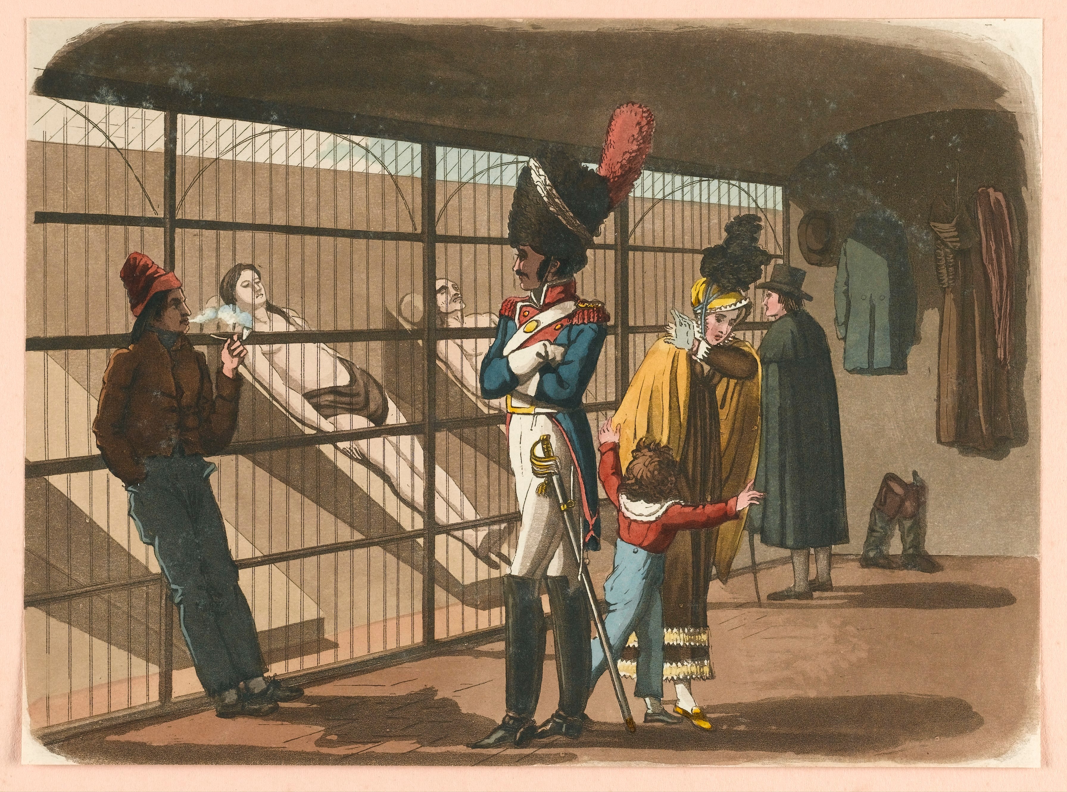 Gente de visita en la morgue de París para ver cadáveres, en esta ilustración de R.B. Peake de 1816.