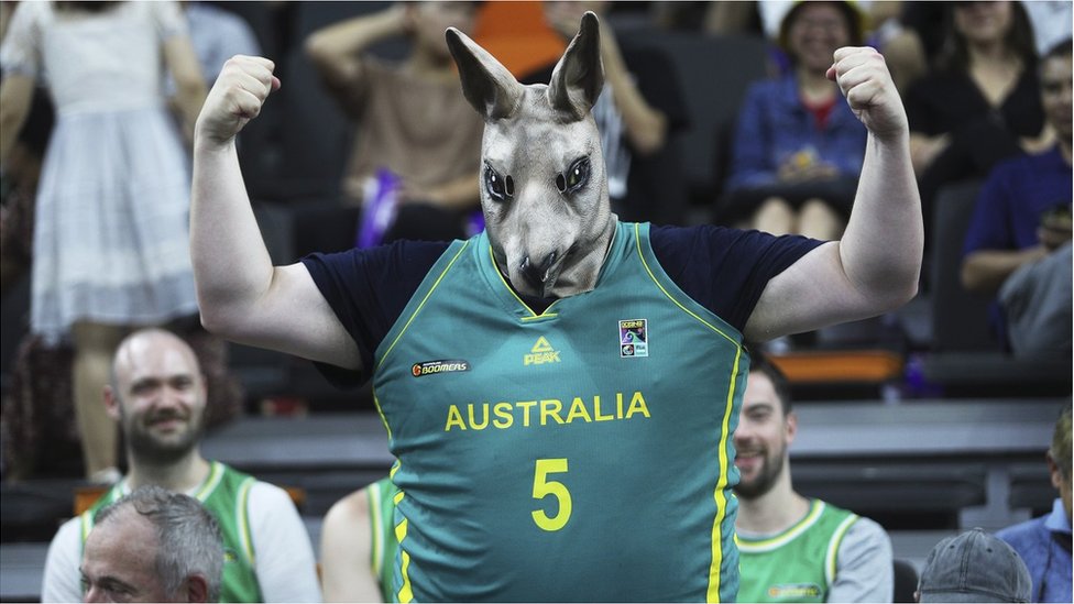 A supporter of Australia dressed as kangaroo cheers during FIBA World Cup 2019 Group H match between Australia and Senegal at Dongguan Basketball Centre on September 3, 2019 in Dongguan, Guangdong Province of China.