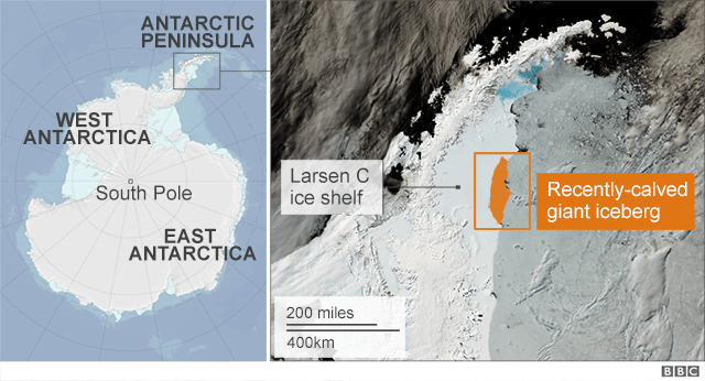 Карта, показывающая Антарктиду и недавно отколовшийся гигантский айсберг