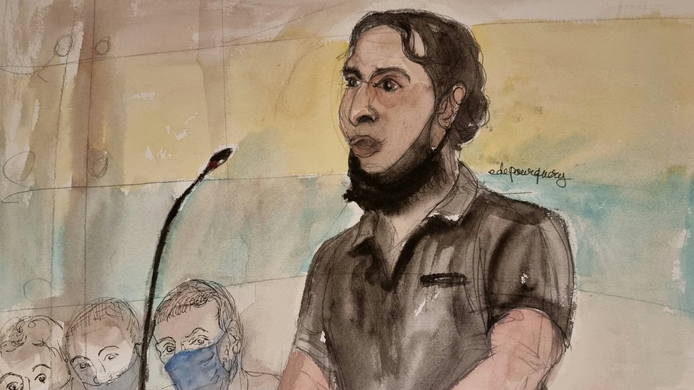 Sketch by Elisabeth de Pourquery/France Televisions shows defendant Salah Abdeslam during trial at Paris courthouse