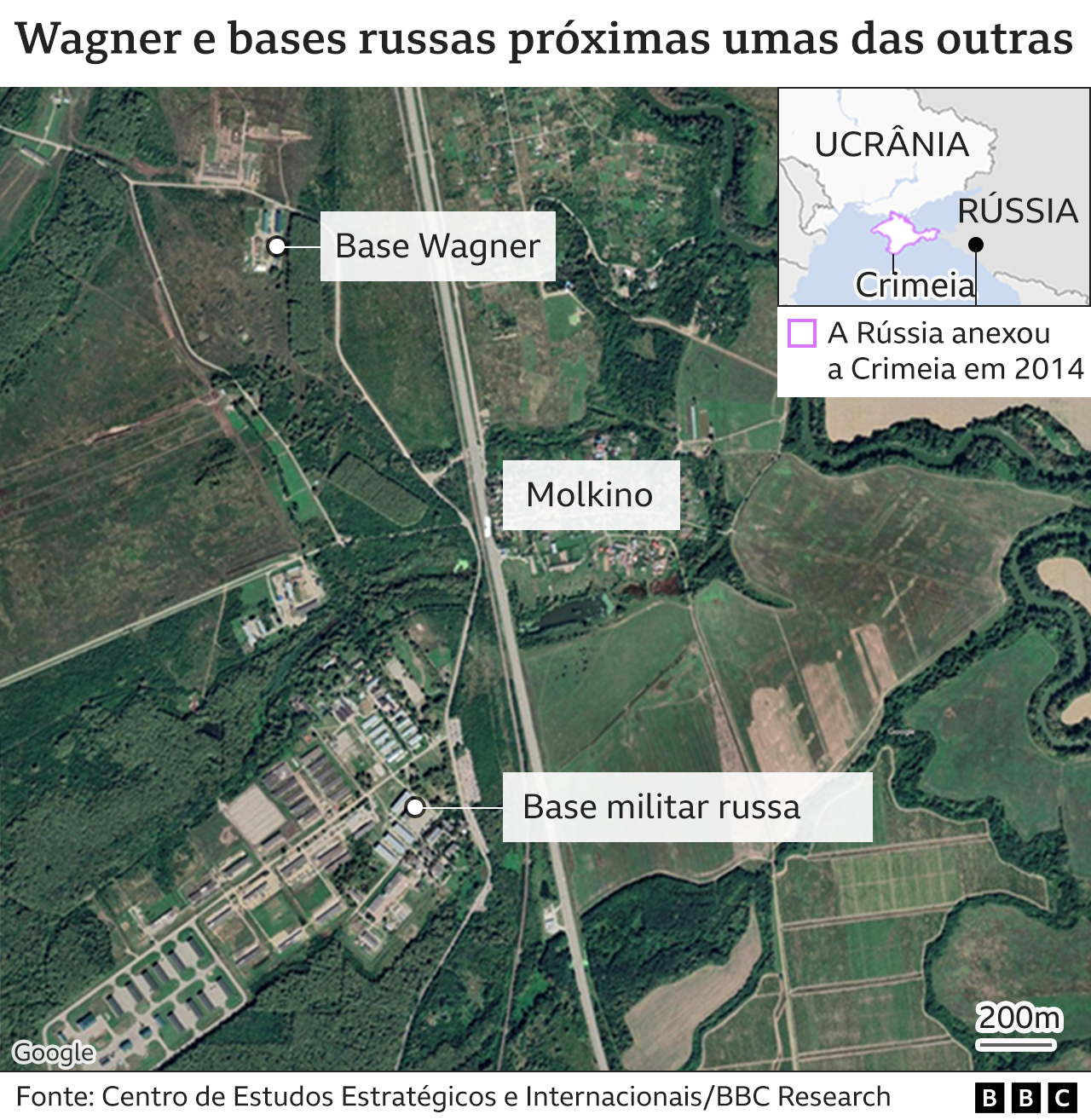 Mapa mostra localização de base do Wagner Group próxima ao Exército russo
