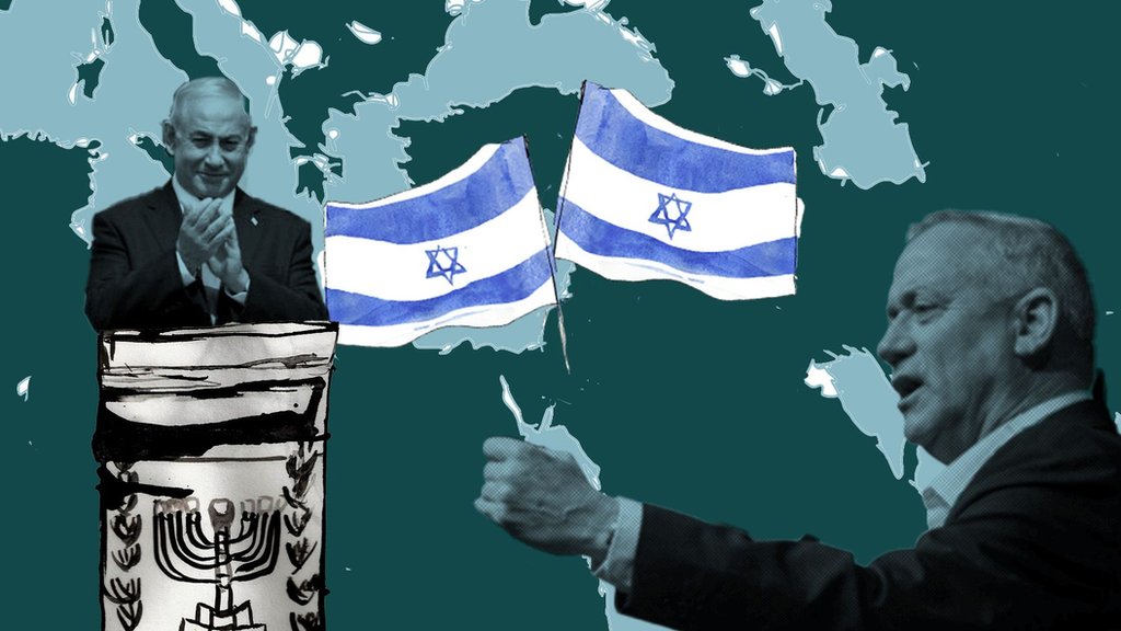 Иллюстрация Нетаньяху и Ганца над картой Ближнего Востока