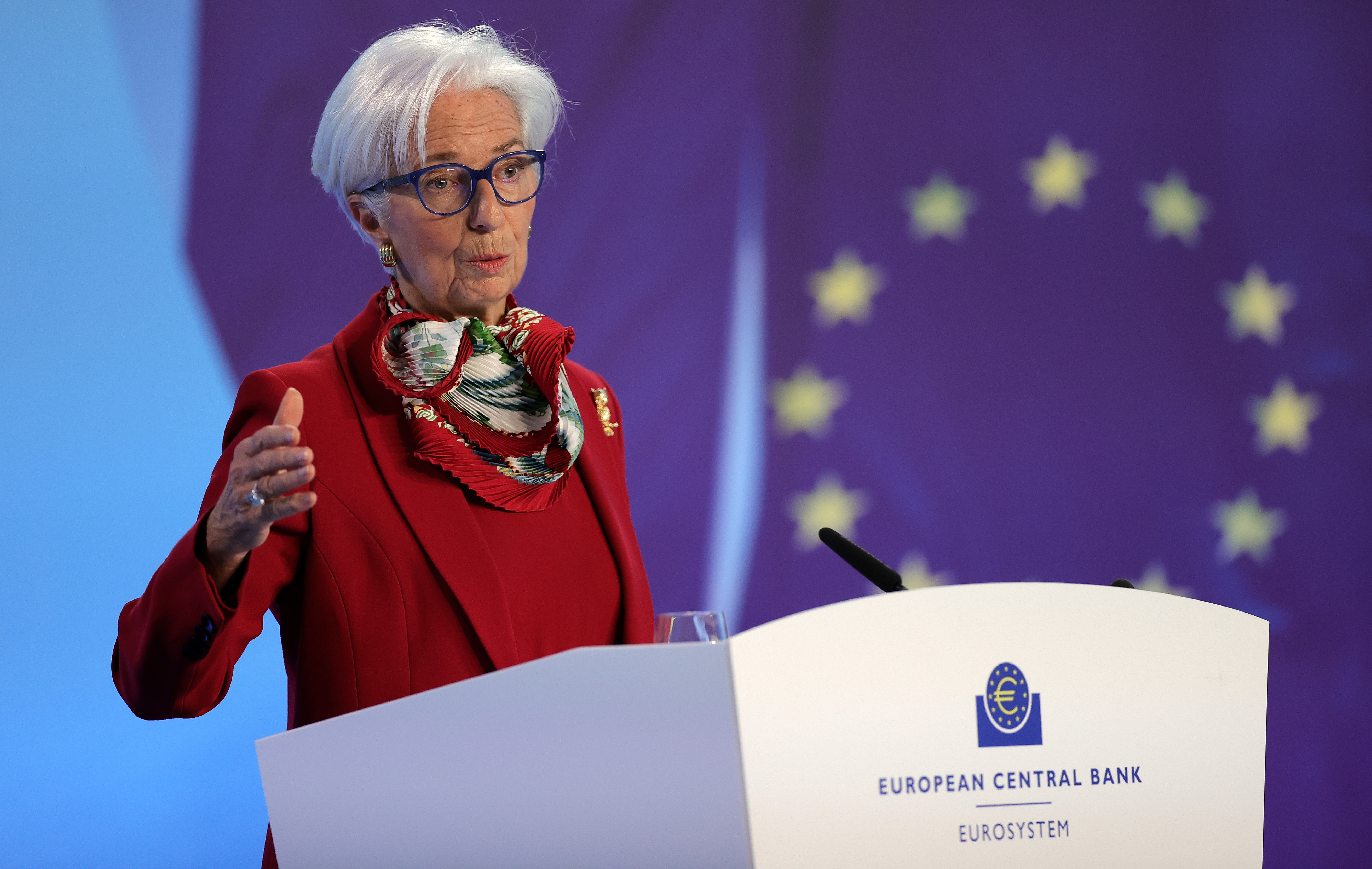 تلقي رئيسة البنك المركزي الأوروبي كريستين لاغارد كلمة في مؤتمر صحفي عقب اجتماع مجلس إدارة البنك المركزي الأوروبي في فرانكفورت أم ماين ألمانيا في 16 مارس 2023.