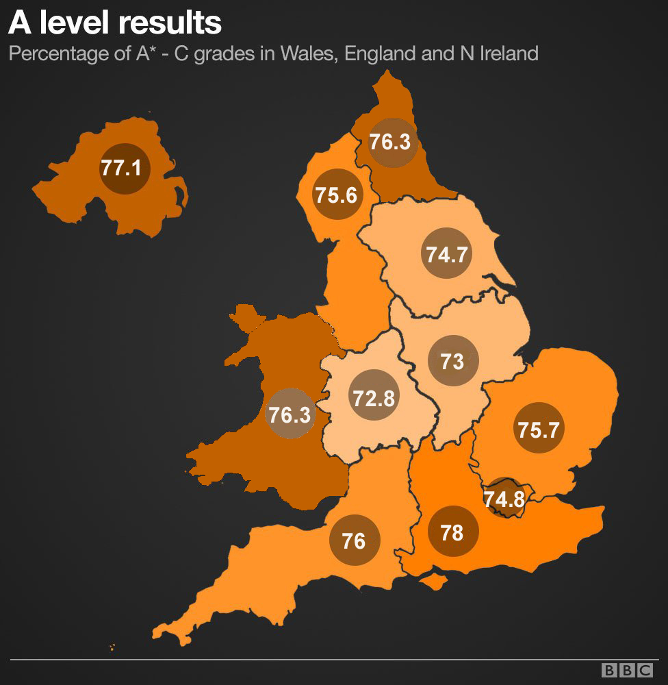 Карта, показывающая результаты A-level от A * до C в Англии, Уэльсе и Северной Ирландии