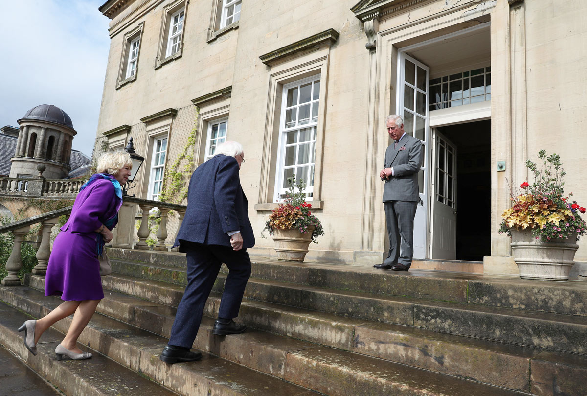 Prince Charles at Dumfries House in 2017, greeting President of Ireland, Michael D Higgins, and his wife