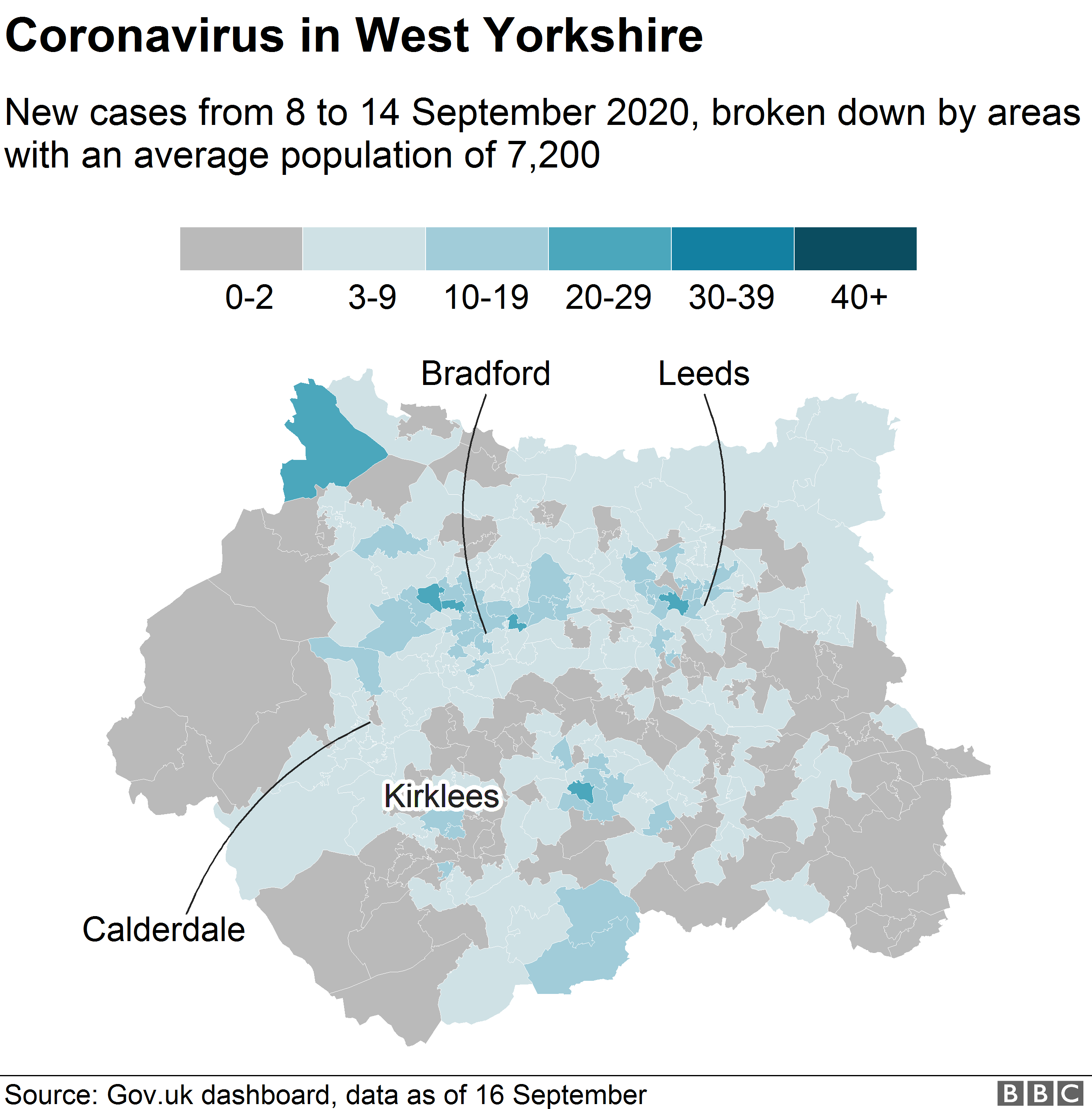 Карта, показывающая случаи коронавируса в Западном Йоркшире