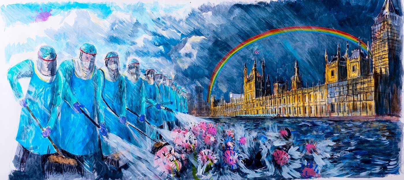 Pintura de profissionais de saúde do NHS em Westminster usando traje de proteção