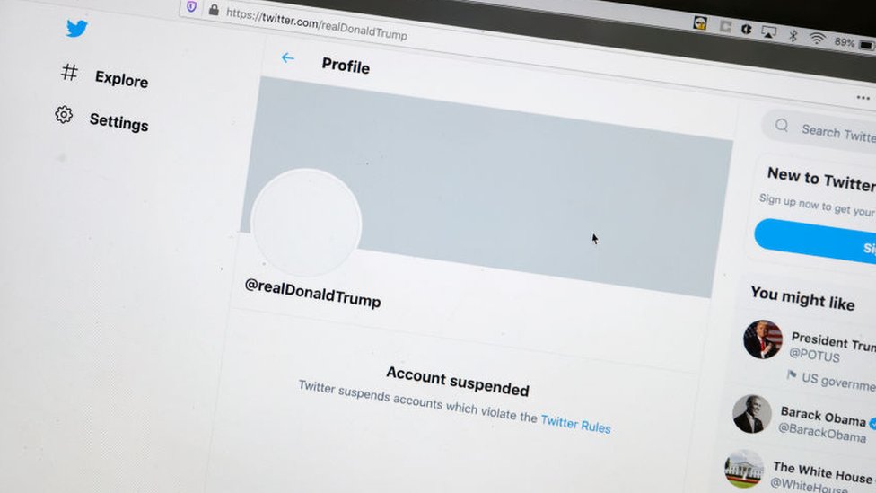 Twitter page showing Trump's account suspended