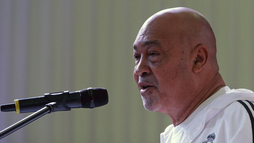 Suriname`s President Desi Bouterse, addresses the public before taking part in a yoga class on the 4th International Yoga Day in Paramaribo, Suriname on June 21, 2018.