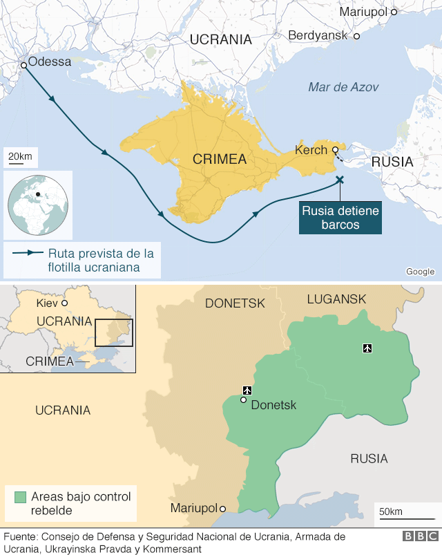 Mapa que indica la ruta que siguieron los buques ucranianos.