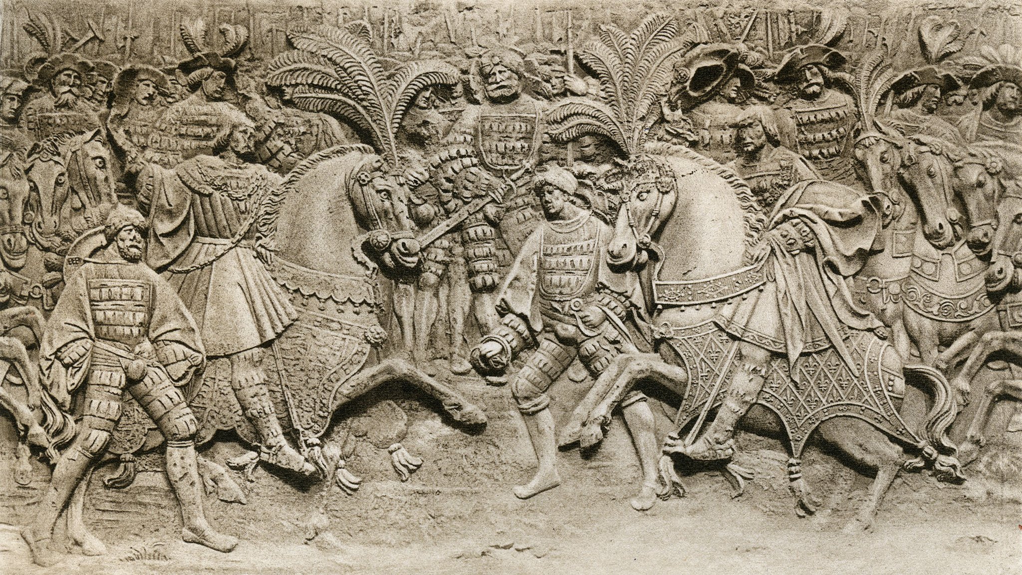 'Reunión de Enrique VIII y Francisco I, en el campo de tela de oro', 1520, (1902). Parte del bajorrelieve central de una serie de cinco que se dice que representan el Camp du Drap d'Or en el patio del Hotel de Bourgtheroulde del siglo XV, Rouen.