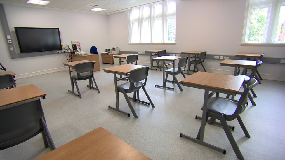 An empty classroom at Methodist College in Belfast