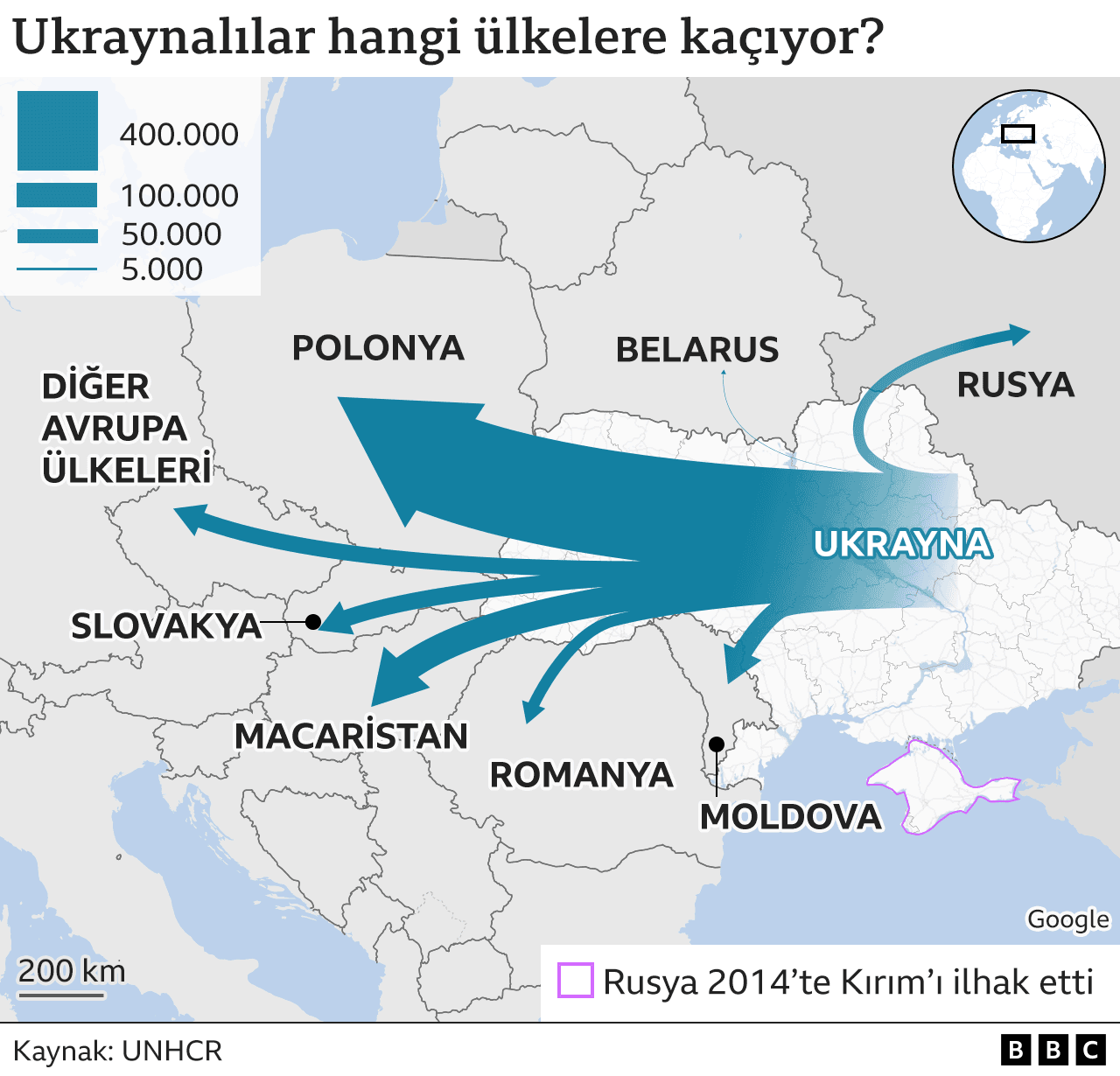 Ukrayna'dan göçleri gösteren harita