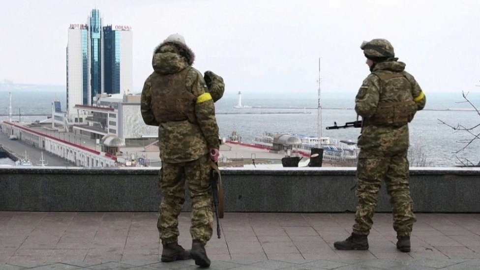 Soldiers pictured from behind looking out to the sea and port