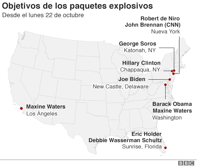 Mapa de Estados Unidos con la localización de las ciudades y personas a las que se ha enviado paquetes explosivos.