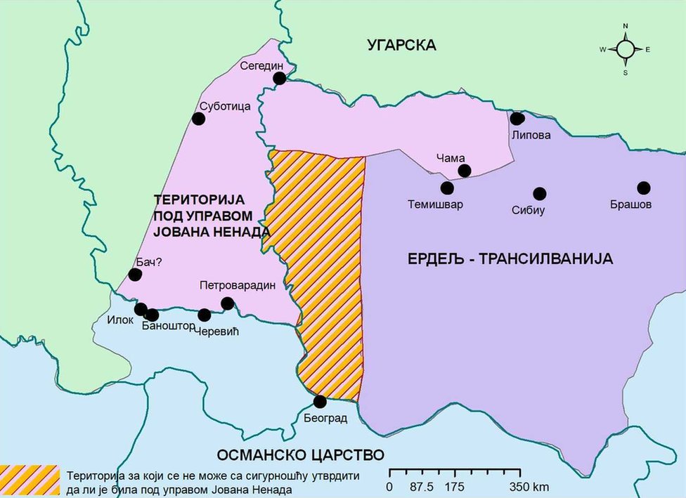 Mapa teritorija koje je kontrolisao Jovan Nenad tokom 1526. i 1527. godine