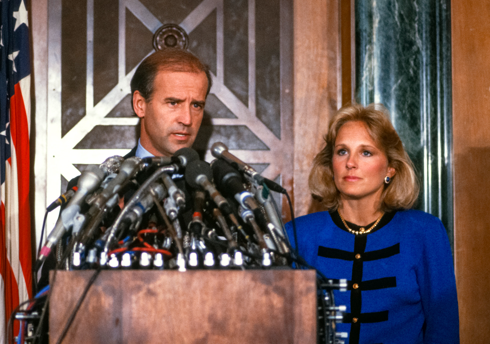 US Senator Joseph Biden speaks at a press conference with his wife beside him