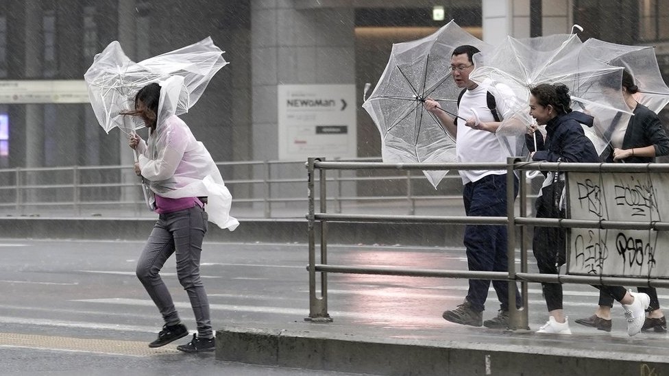 Peatones en Tokio luchan con sus paraguas o sombrillas contra el viento y la lluvia. Peatones en Tokio luchan con sus paraguas o sombrillas contra el viento y la lluvia.