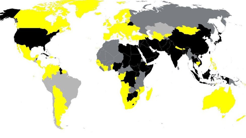 Uluslararası Af Örgütü'nün haritasında idam cezasının uygulandığı ülkeler siyah, yasasında bulundurup uygulamayan ülkeler gri, idam cezasının olmadığı ülkeler ise sarıyla gösteriliyor