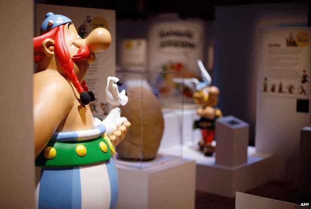 Models of (from left) Obelix, Idefix and Asterix at the Bibliotheque nationale de France, 9 October 2013
