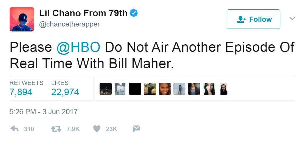Твит от @ChanceTheRapper: Пожалуйста, HBO, не транслируйте еще одну серию реального времени с Биллом Махером