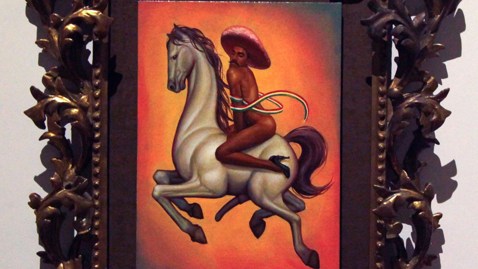El cuadro "La Revolución" muestra a un Zapata desnudo, con tacones y sobrero rosado, sobre un caballo sexualmente excitado