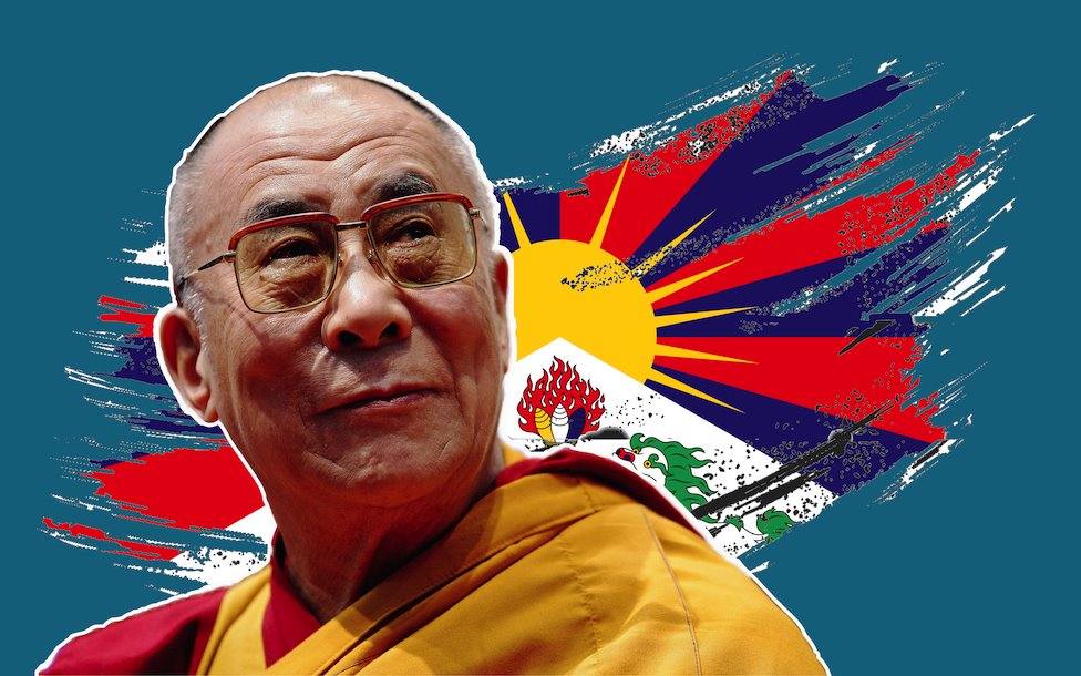 Image of Dalai Lama over a treated flag of Free Tibet