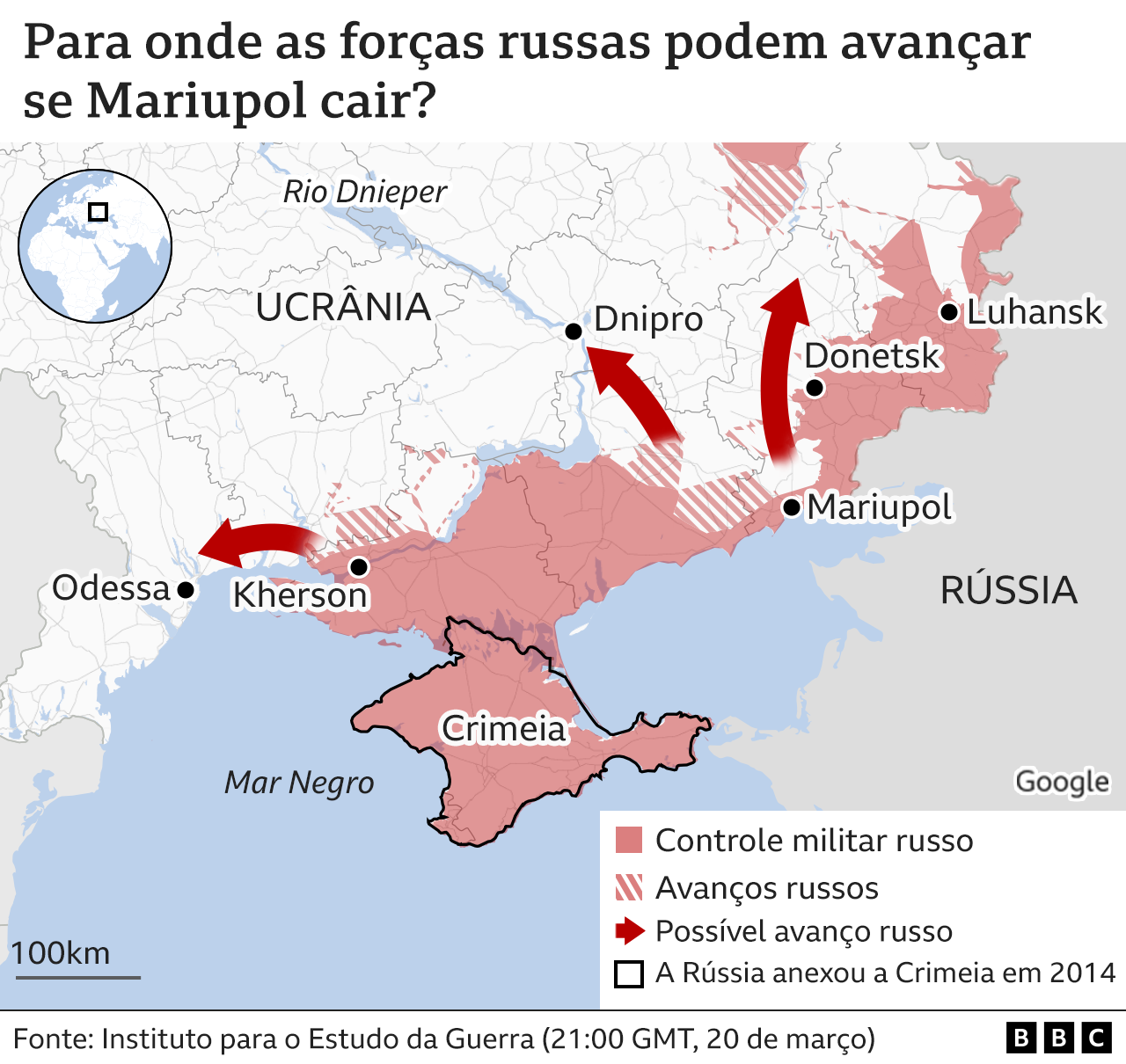 Mapa mostra para onde as forças russas podem avançar se Mariupol cair
