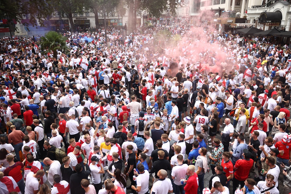 England fans in Leicester Square ahead of the match, in London, on 11 July 2021