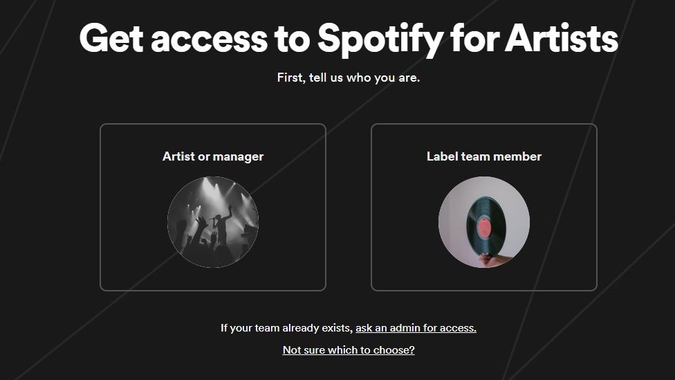 The "get access to Spotify for Artists" page is shown with options for artists, managers, or label team members to apply for access
