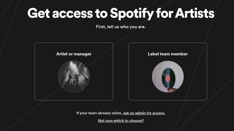 На странице «получить доступ к Spotify для артистов» показаны варианты, с которыми артисты, менеджеры или члены команды лейбла могут подать заявку на доступ