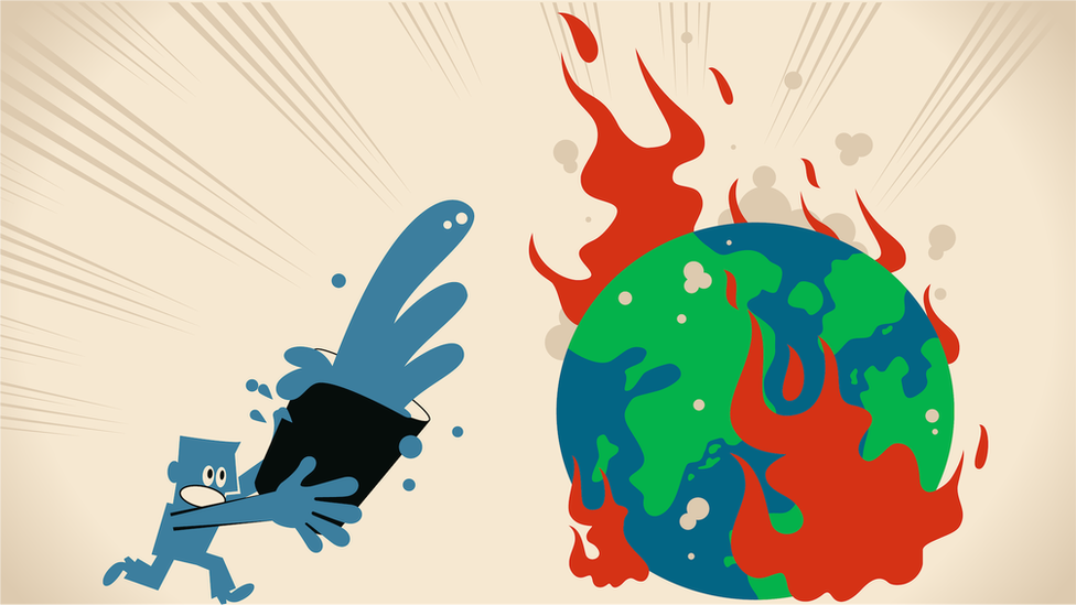 Illustration showing a person trying to put out fire that has engulfed planet Earth.