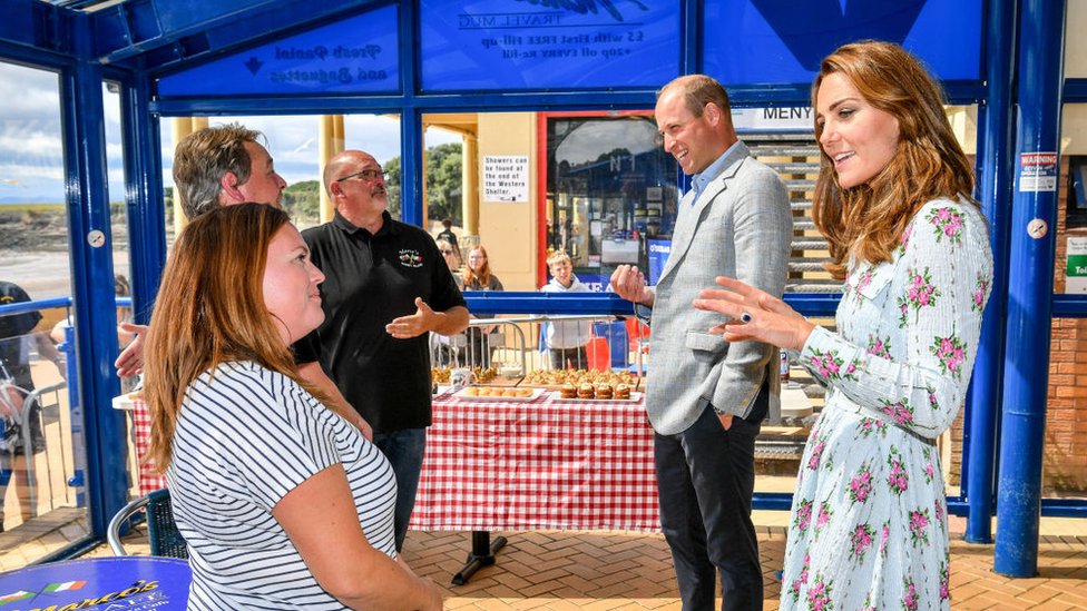 Prince William and Catherine, chat with business owners inside Marco's cafe in Barry