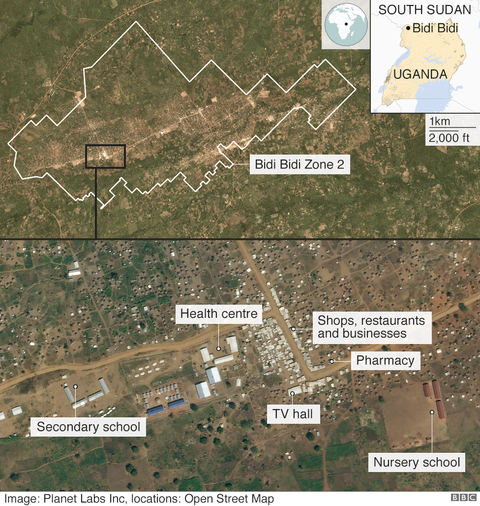 Спутниковый снимок лагеря Биди Биди, на котором видны школы, больницы, магазины и предприятия