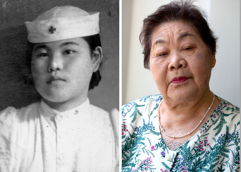 Two photos, one showing Teruko Ueno as a nurse as a young woman, and one showing her as an elderly woman