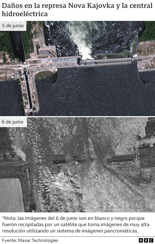 Imagen satelital de daños en la central hidroeléctrica de Kajovka