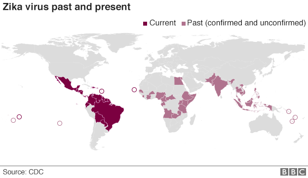 Карта мира, показывающая прошлые и настоящие случаи заражения вирусом Зика