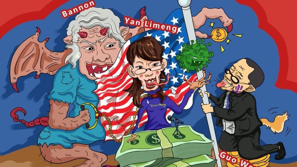 Cartoon depicting Steve Bannon as a demon, 'Yan Limeng' with a forked tongue and Guo Wengui with a tail and holding an American flag.