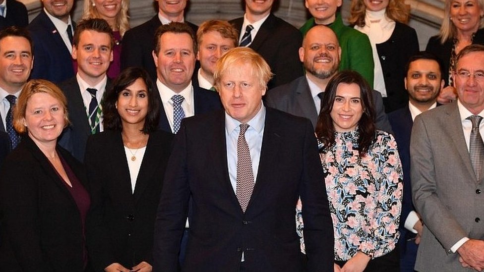 Boris Johnson pictured with the 109 new Conservative MPs