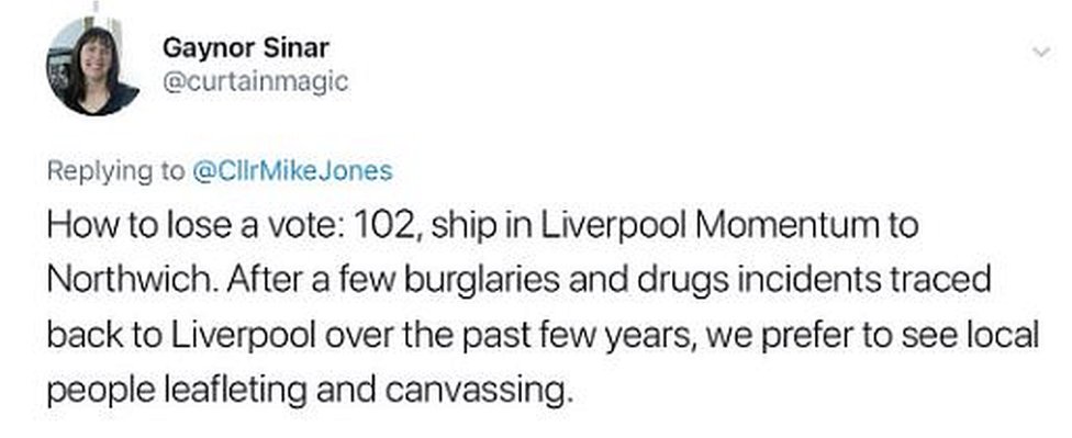 Твит от Гейнора Синара: Как проиграть голос: 102, отправить в Ливерпуль Моментум в Нортвич. После нескольких краж со взломом и инцидентов с наркотиками, прослеженных до Ливерпуля за последние несколько лет, мы предпочитаем видеть, как местные жители листают и проводят агитацию.