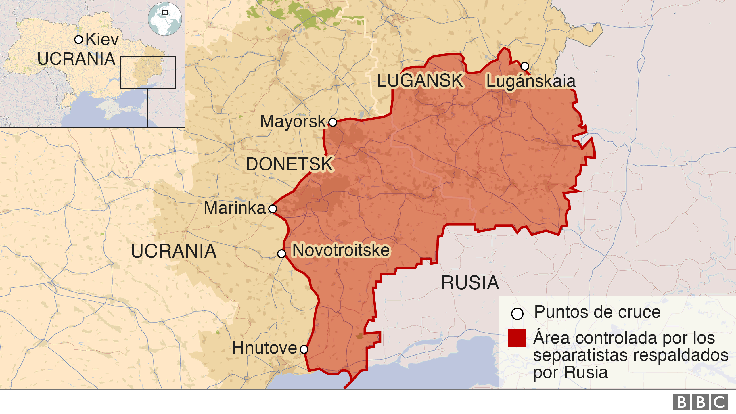 Mapa de las zonas de Ucrania controladas por prorrusos y ucranianos.