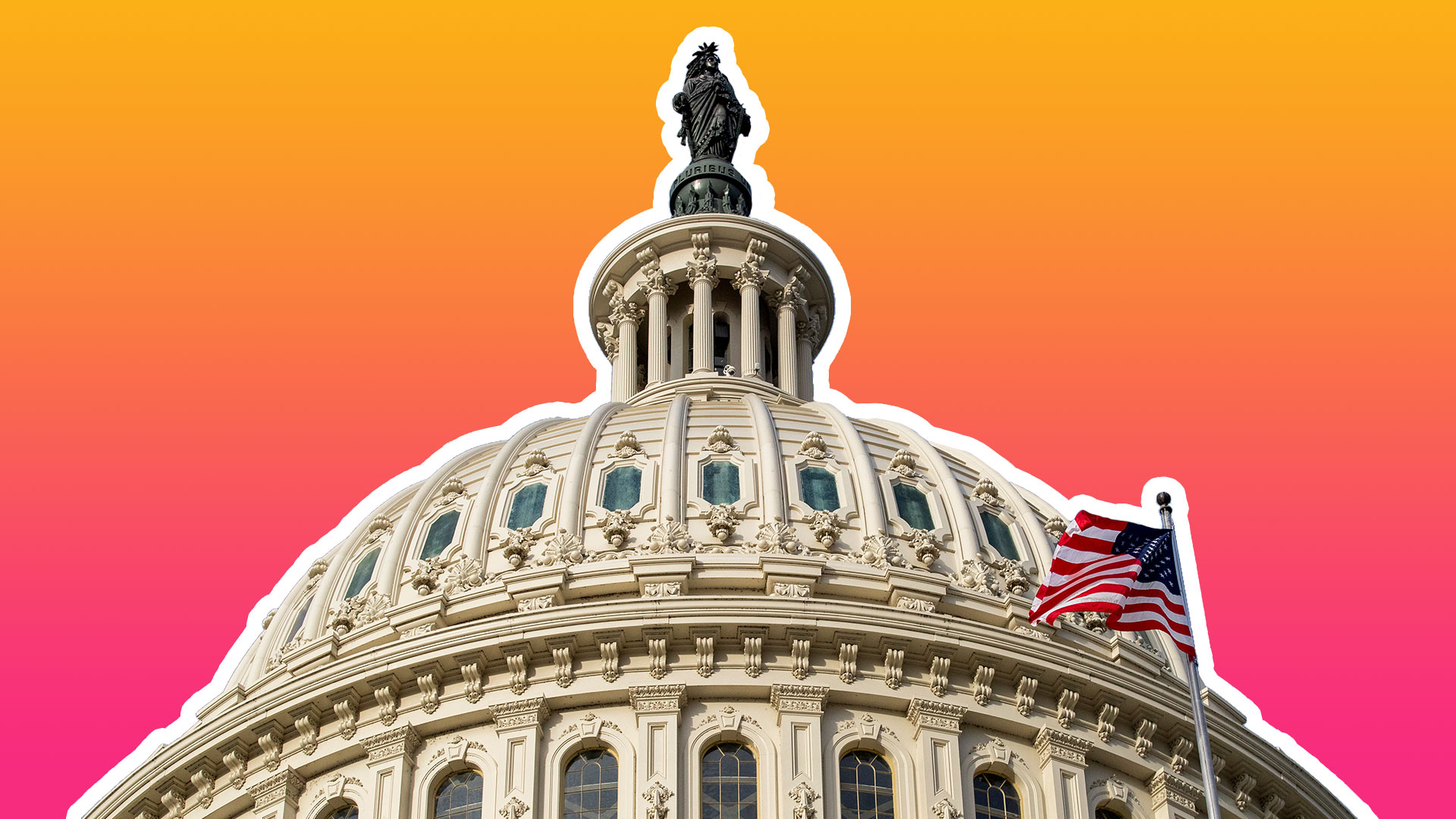 Крыша здания Капитолия США вырезана на фоне темно-пурпурного и оранжевого цвета бренда Tech Tent