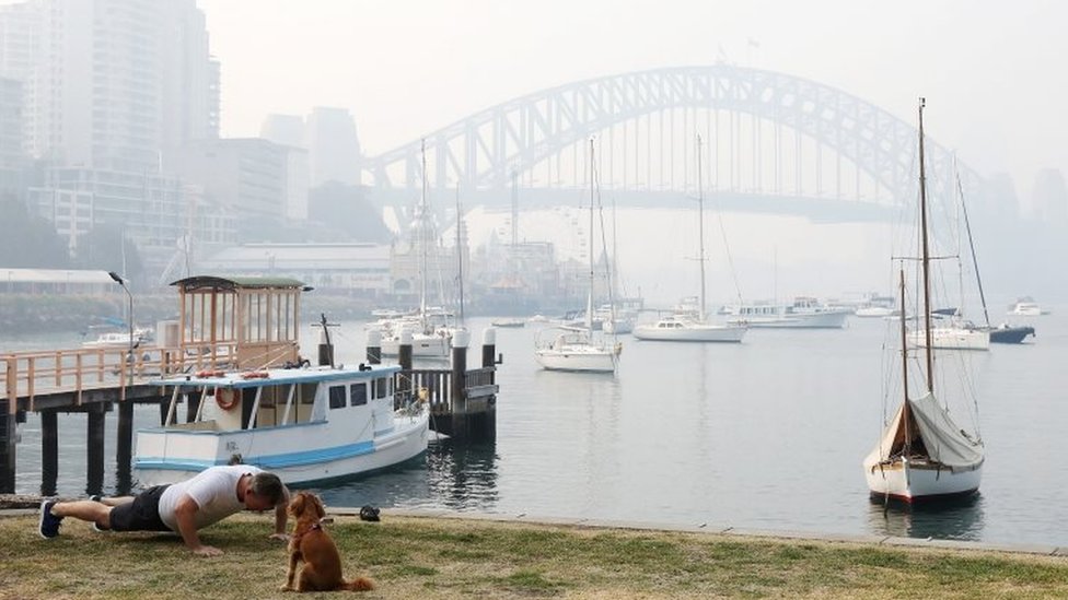 Мужчина отжимается рядом с собакой напротив моста Харбор-Бридж в Сиднее, который скрыт густым дымом