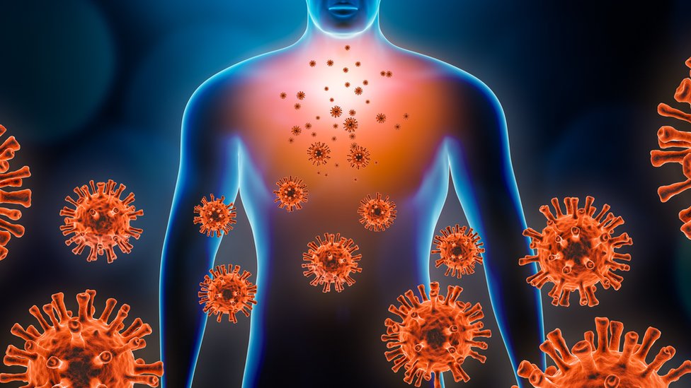 Ilustración que muestra coronavirus y el cuerpo de un hombre