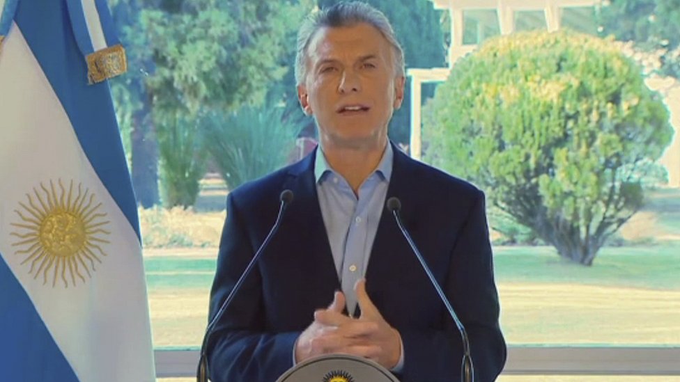На кадре из видео, выпущенного во время президентства Аргентины, видно, как президент Маурисио Макри выступает в Буэнос-Айресе 14 августа 2019 г.