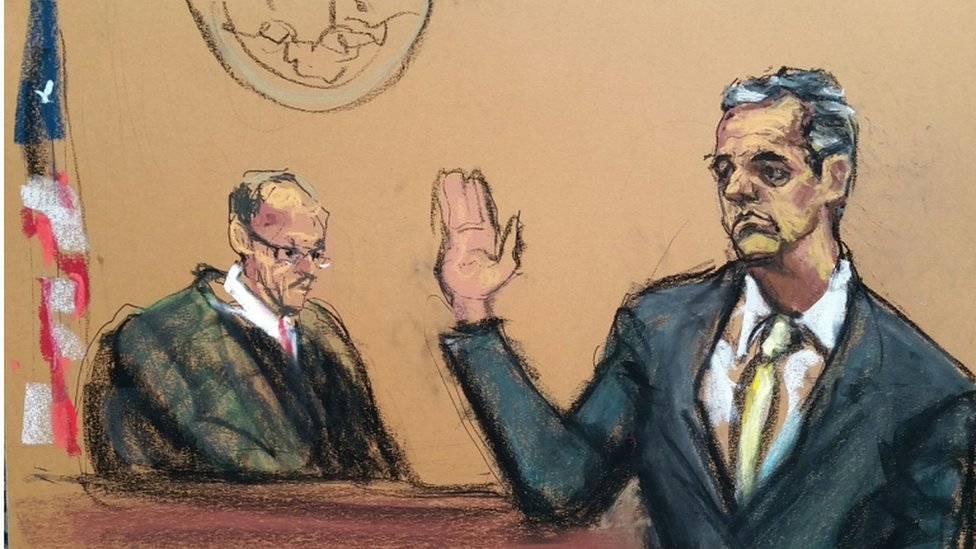 رسم لمايكل كوهن وهو يُقسم أمام المحكمة في نيويورك