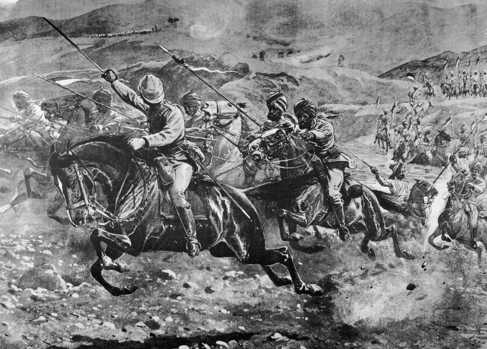 A sikh cavalry unit of the British Malakand Field Force charges on Pathan tribesmen controlling a crossing of the Swat river during the Chitral campaign, north-west India, 7th April 1895. Drawing by John Charlton after a sketch by Lionel James.